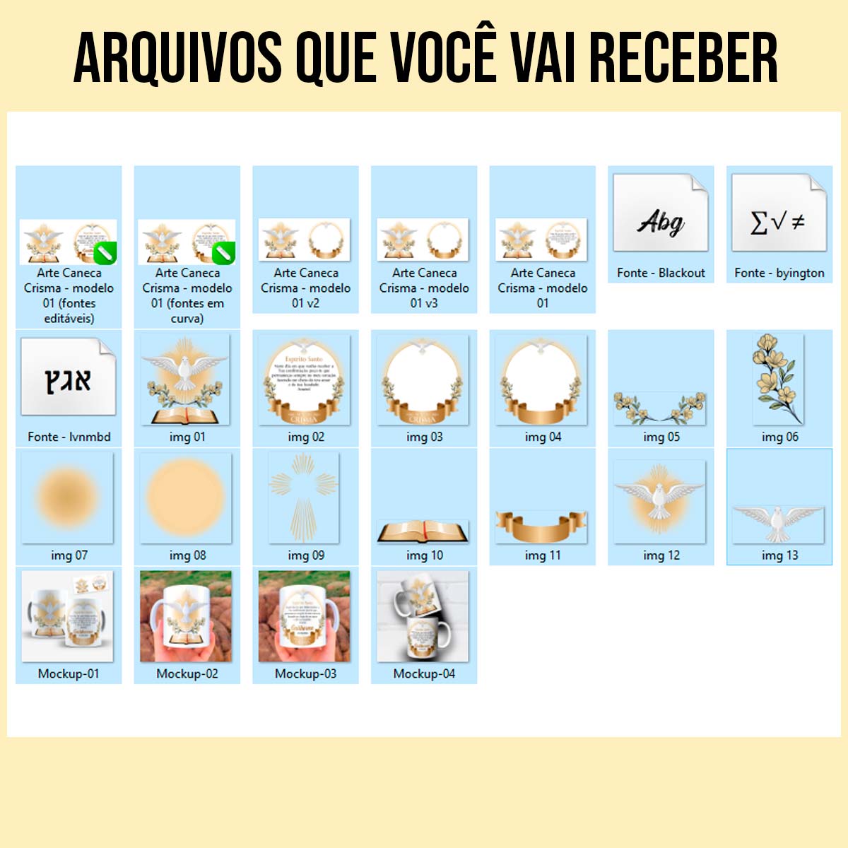 Arquivos da arte para caneca crisma espírito santo com pomba branca, tons dourados elegantes e espaço para nome e data