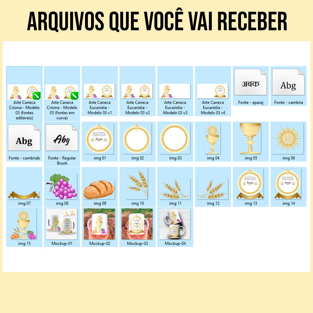 arquivos da arte para caneca minha primeira eucaristia com cálice dourado, hóstia, raios de luz, trigo, uvas e moldura circular com espaço para nome e data