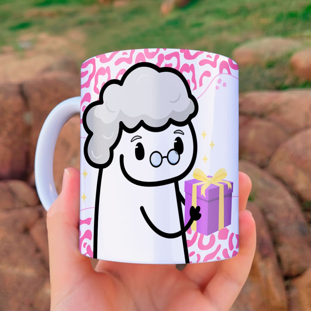 Arte para caneca adivinha quem vai ser vovó de novo com desenho de vovó segurando presente