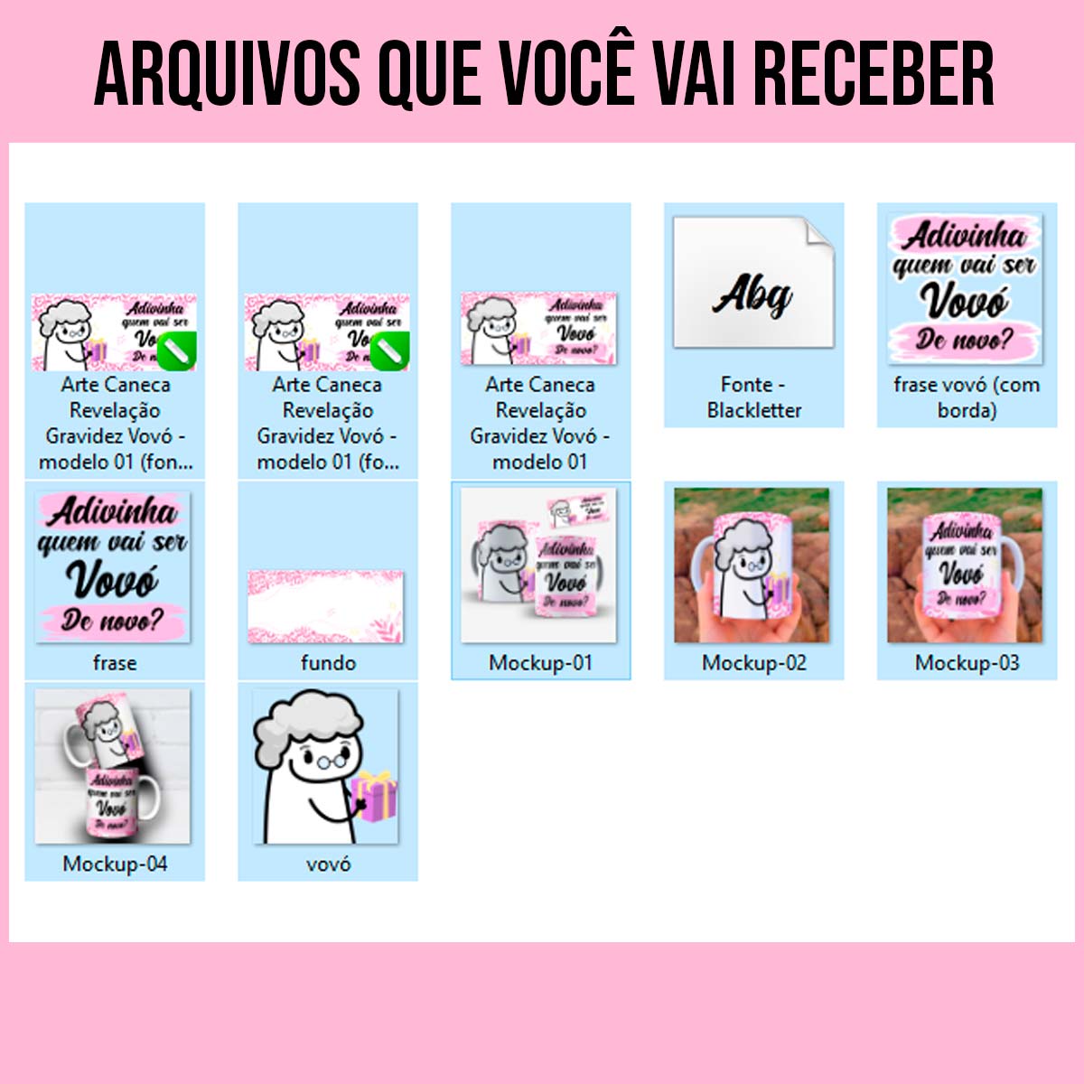 Arquivos arte para caneca adivinha quem vai ser vovó de novo com tons de rosa e desenho de vovó segurando presente
