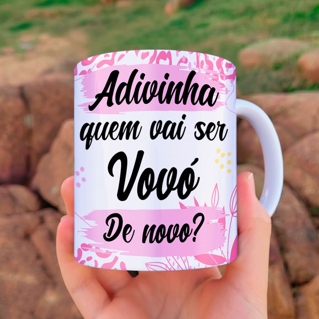 Arte para caneca adivinha quem vai ser vovó de novo com tons de rosa