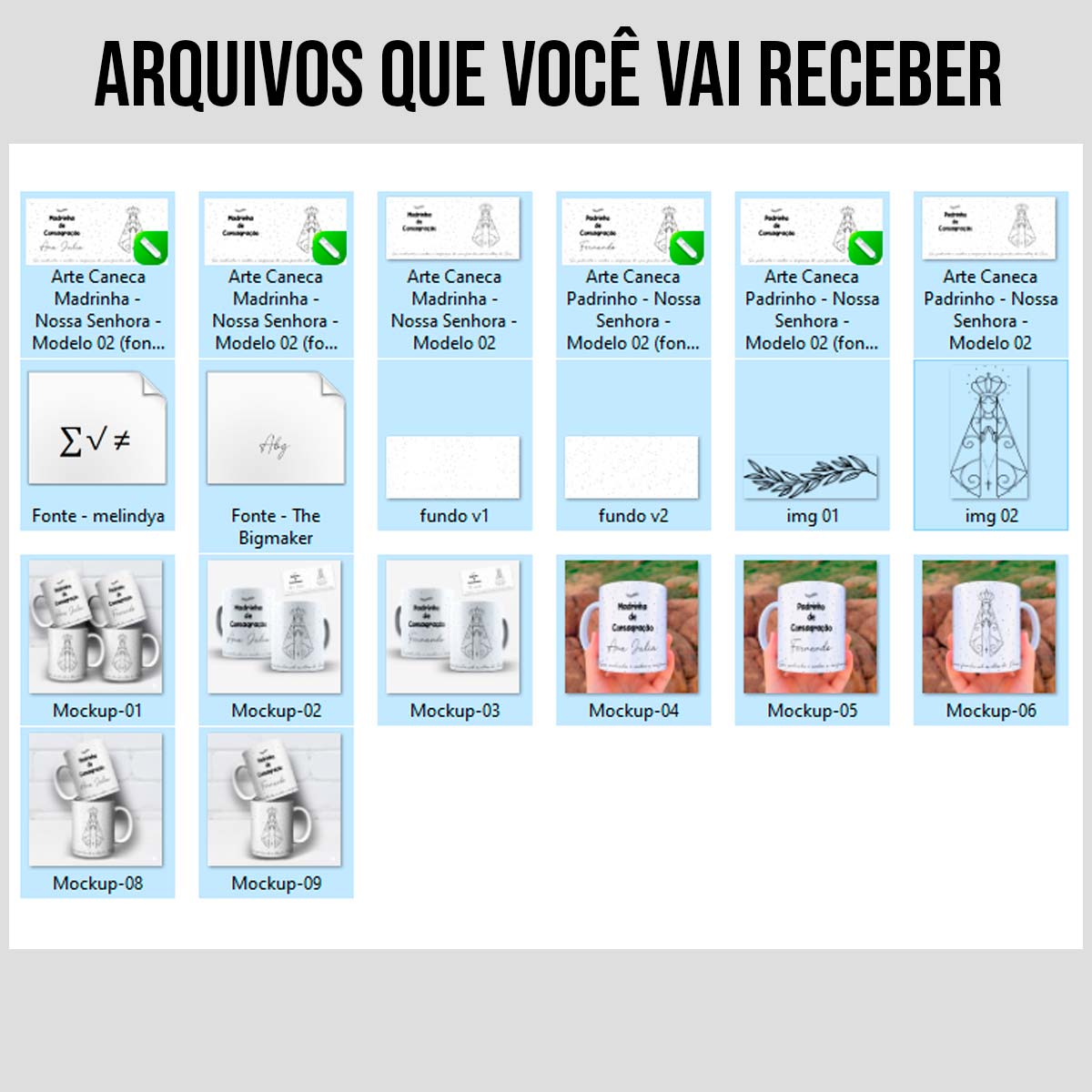 arquivos da arte para caneca madrinha e padrinho de consagração com santa em duas versões, com desenho de Nossa Senhora, nome personalizável e frase