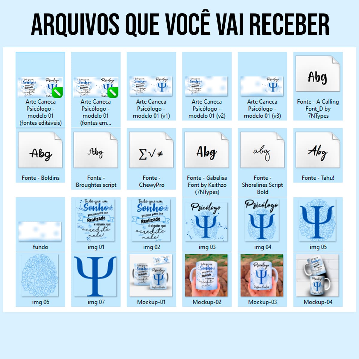 arquivos da arte digital para caneca psicologia para psicólogo com símbolo da profissão, frase inspiradora, design com elementos delicados em tom de azul e espaço para personalização de nome.