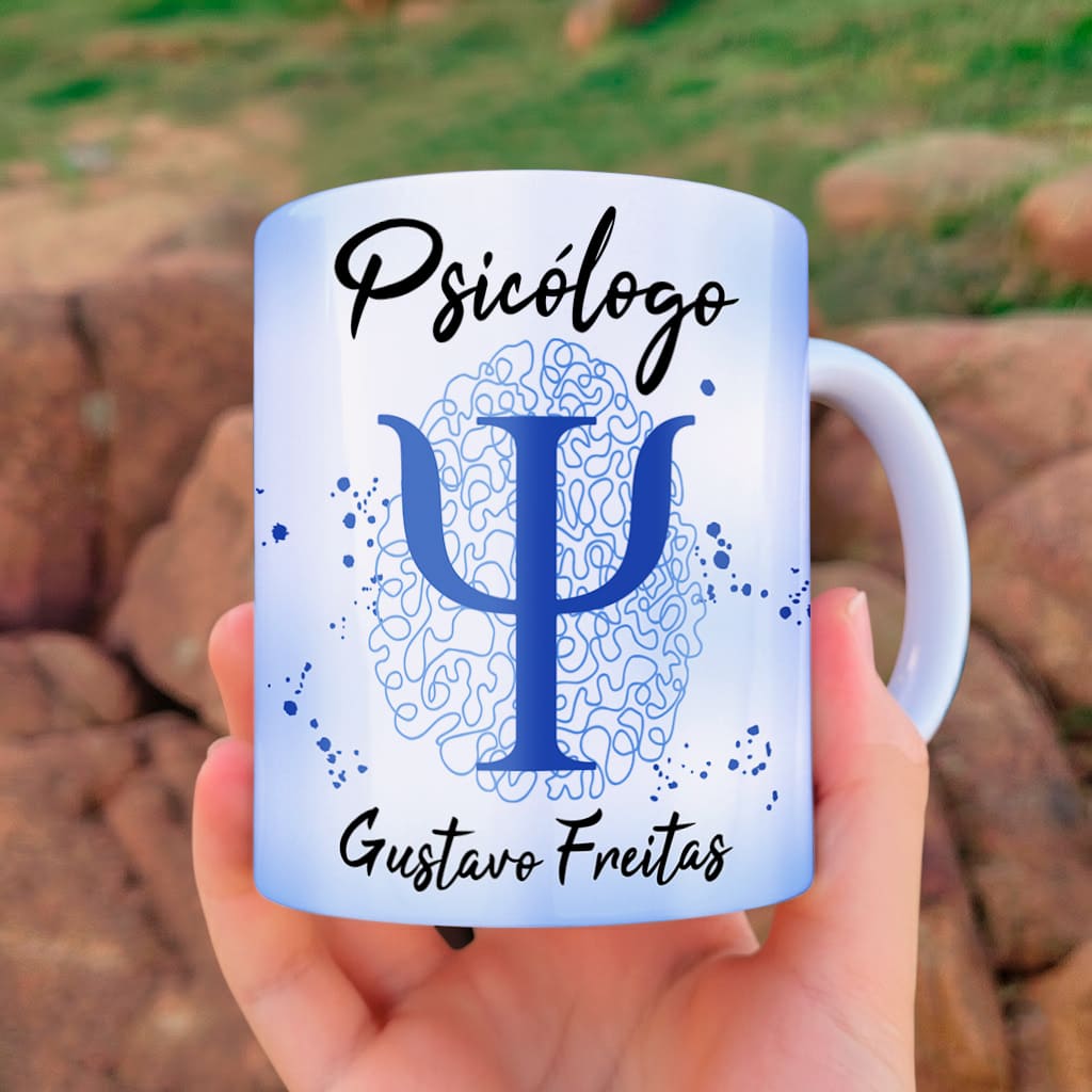 arte digital para caneca psicólogo com símbolo da profissão, design com elementos delicados em tons de azul e espaço para personalização de nome.