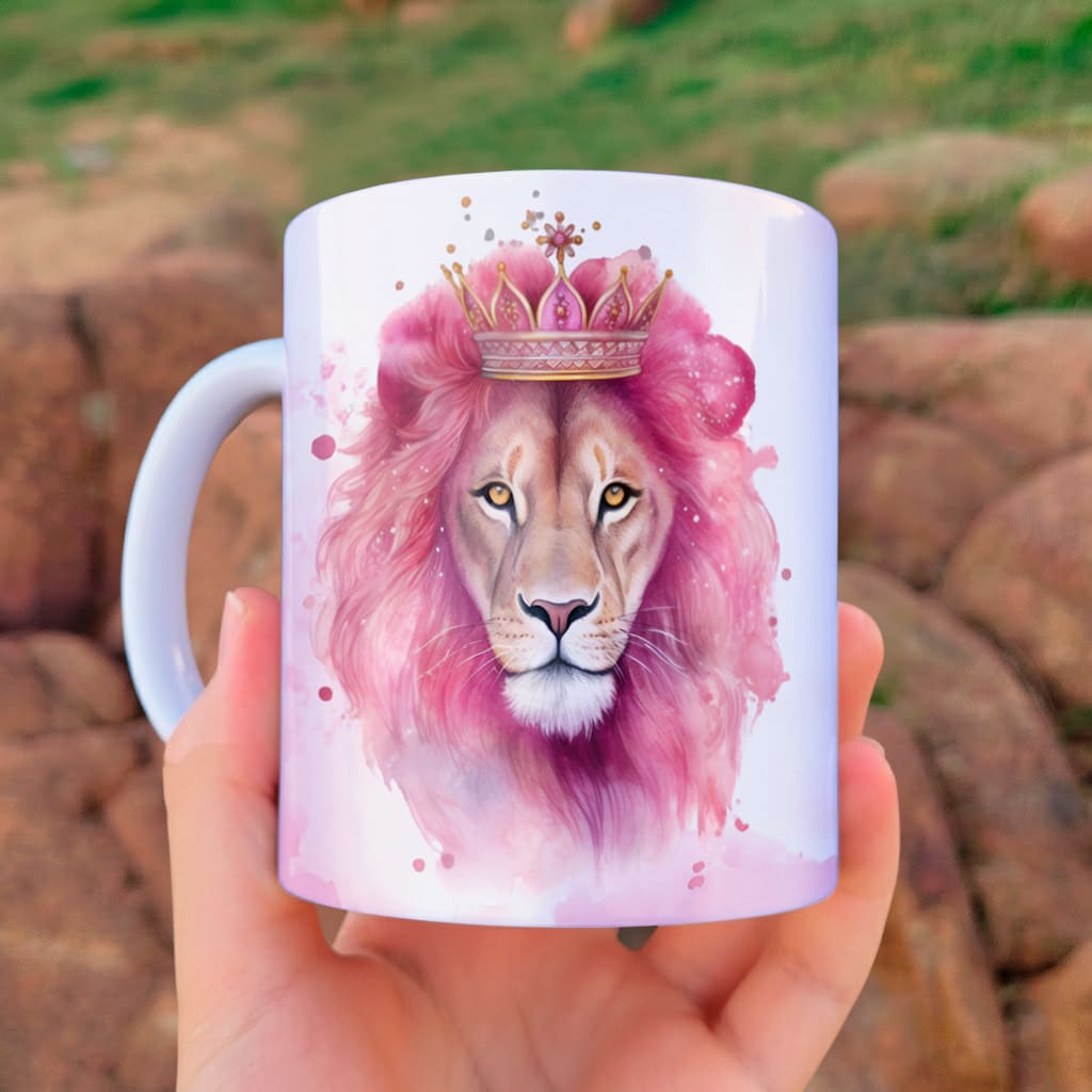 Arte para caneca seja forte e corajosa leão rosa com leoa em tons de rosa