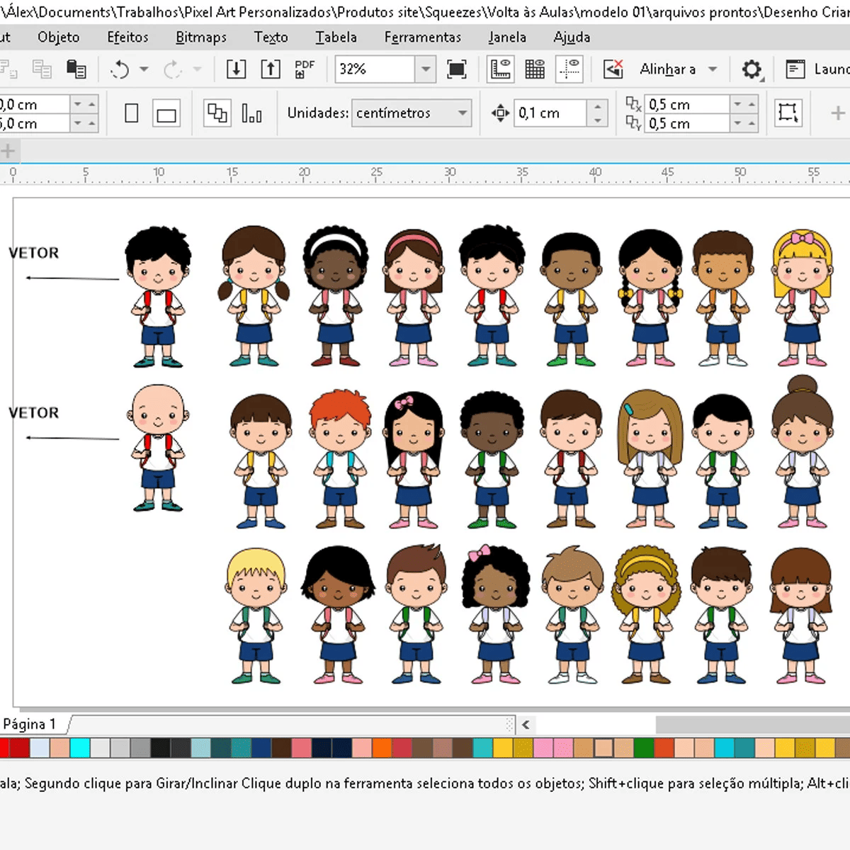 Personagens editáveis e vetoriais em CorelDRAW para elaboração de artes para squeeze infantil no tema volta às aulas.