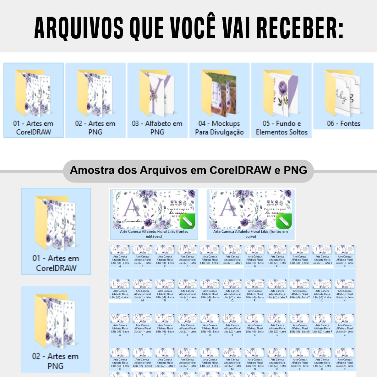 Arquivos da arte digital para caneca alfabeto floral lilás em aquarela com a frase você é capaz de coisas incríveis, inicial e nome personalizável