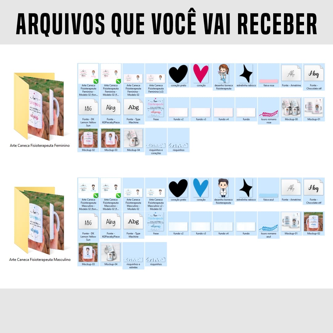 arquivos das artes digitais para caneca no tema fisioterapeuta nas versões masculino e feminina com frase motivacional e possibilidade de personalização com nome
