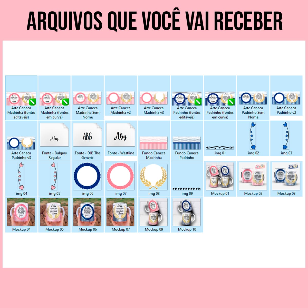 Arquivos da arte digital para caneca promovida a madrinha e padrinho em rosa e azul com lista de funções do cargo e espaço para nome