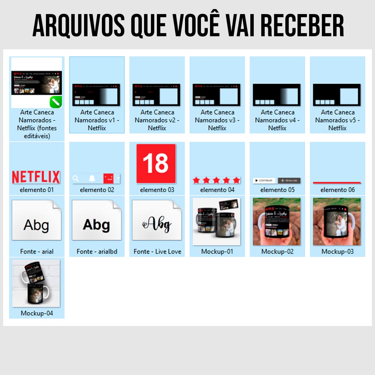 Arquivos da arte para caneca netflix dia dos namorados com layout da plataforma de séries e filmes, espaços para fotos, nomes do casal e mensagem