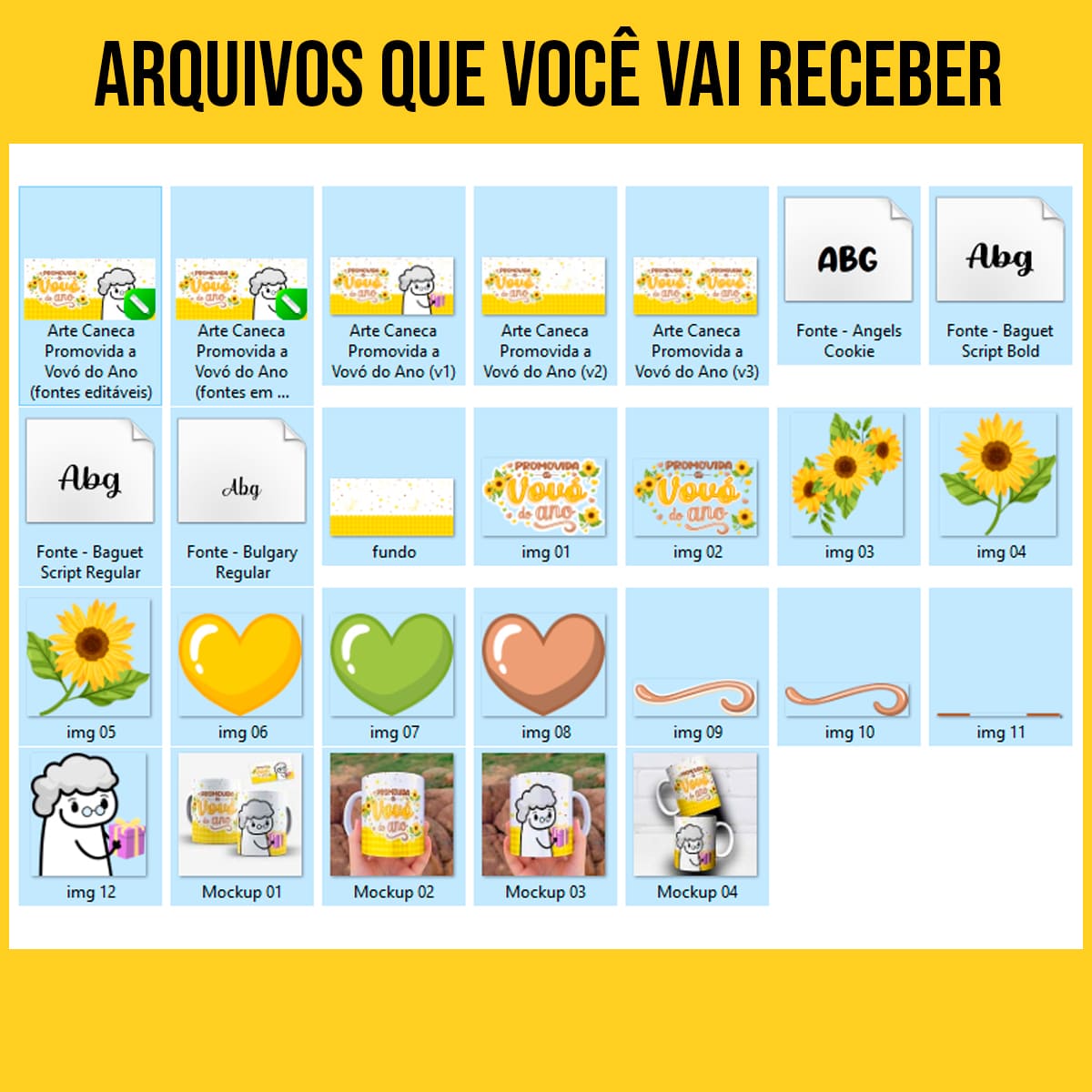 Arquivos da arte para caneca promovida a vovó do ano com desenho de flork, girassóis e fundo xadrez