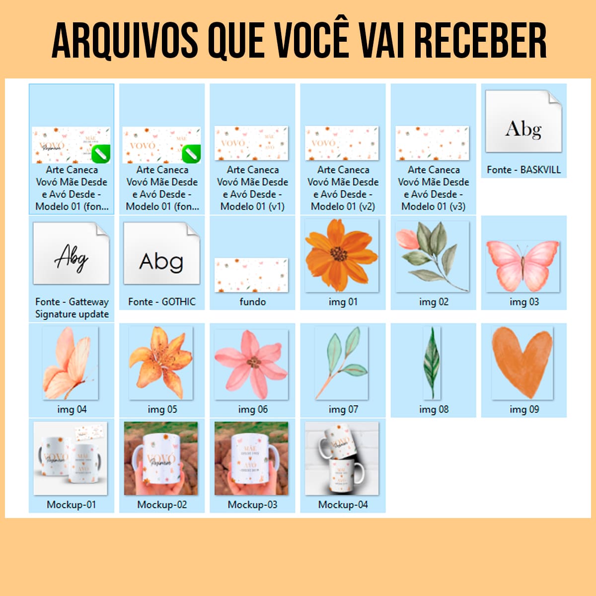 arquivos da arte para caneca vovó mãe desde e avó desde com flores borboletas fundo claro e textos do nome e dos anos personalizáveis