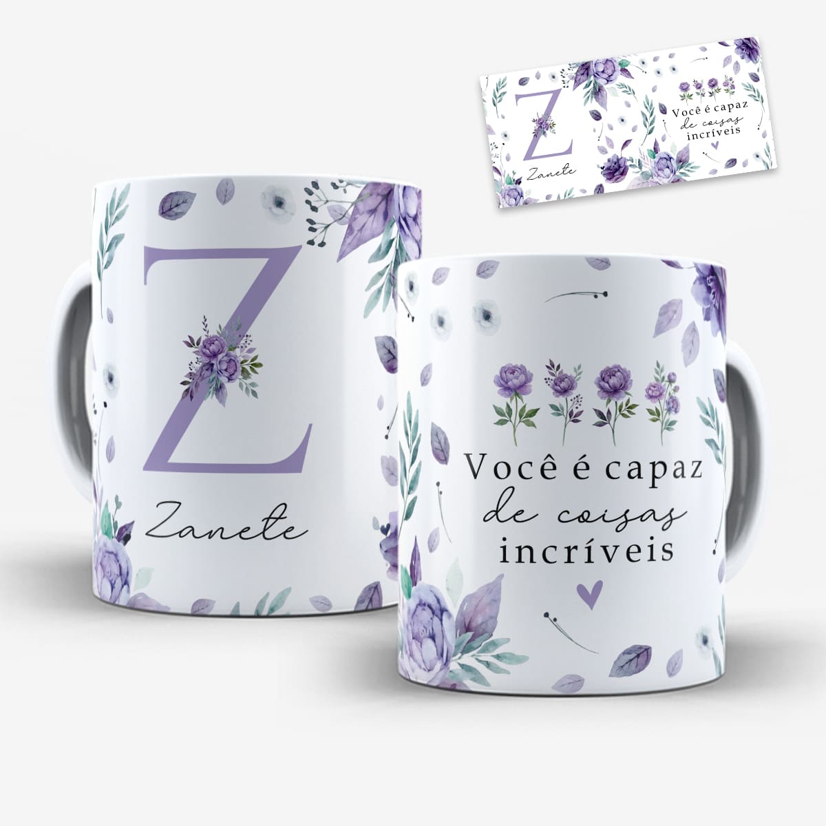 Arte digital para caneca alfabeto floral lilás em aquarela com a frase você é capaz de coisas incríveis, inicial e nome personalizável
