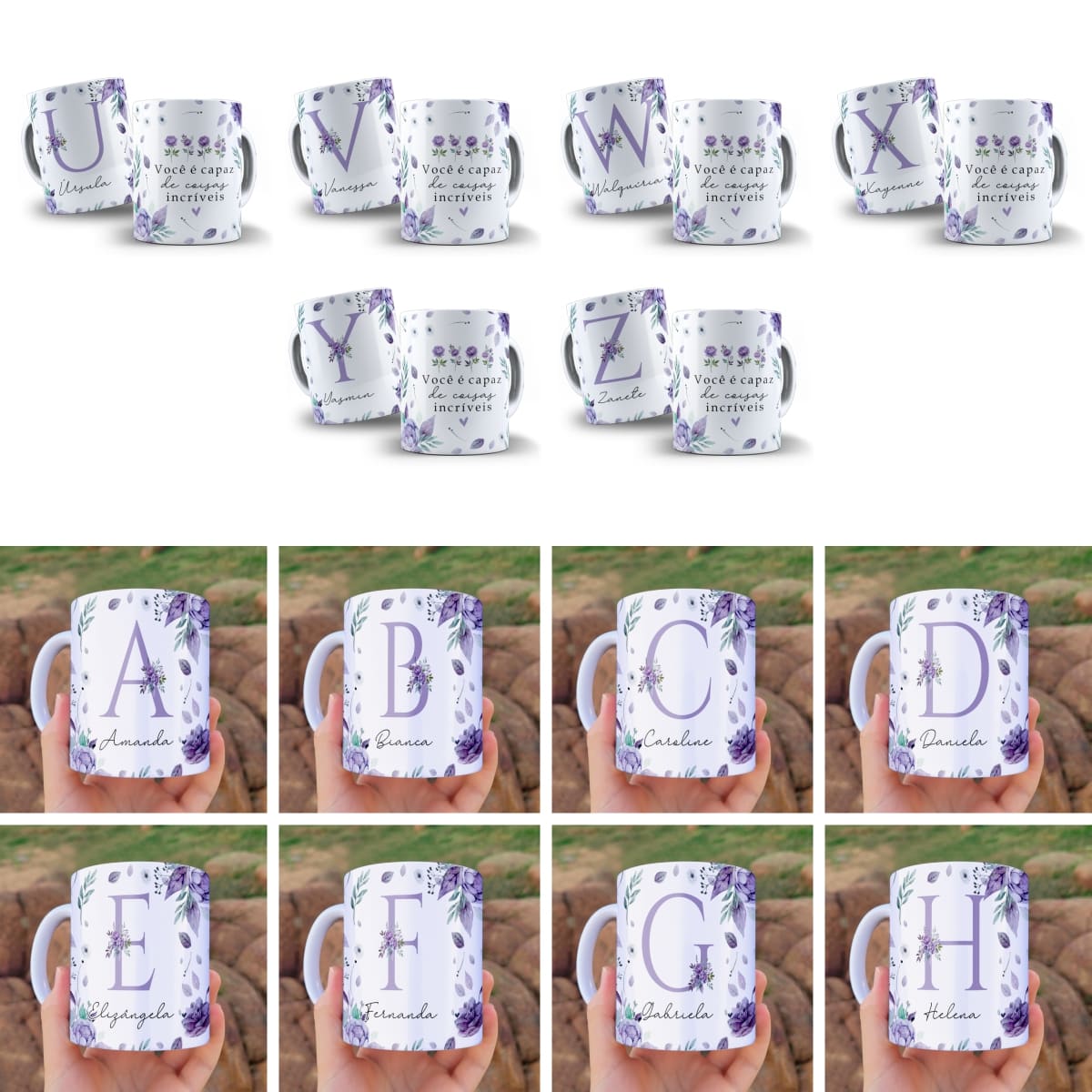 Pacote de artes para caneca alfabeto floral lilás em aquarela com a frase você é capaz de coisas incríveis, inicial e nome personalizável