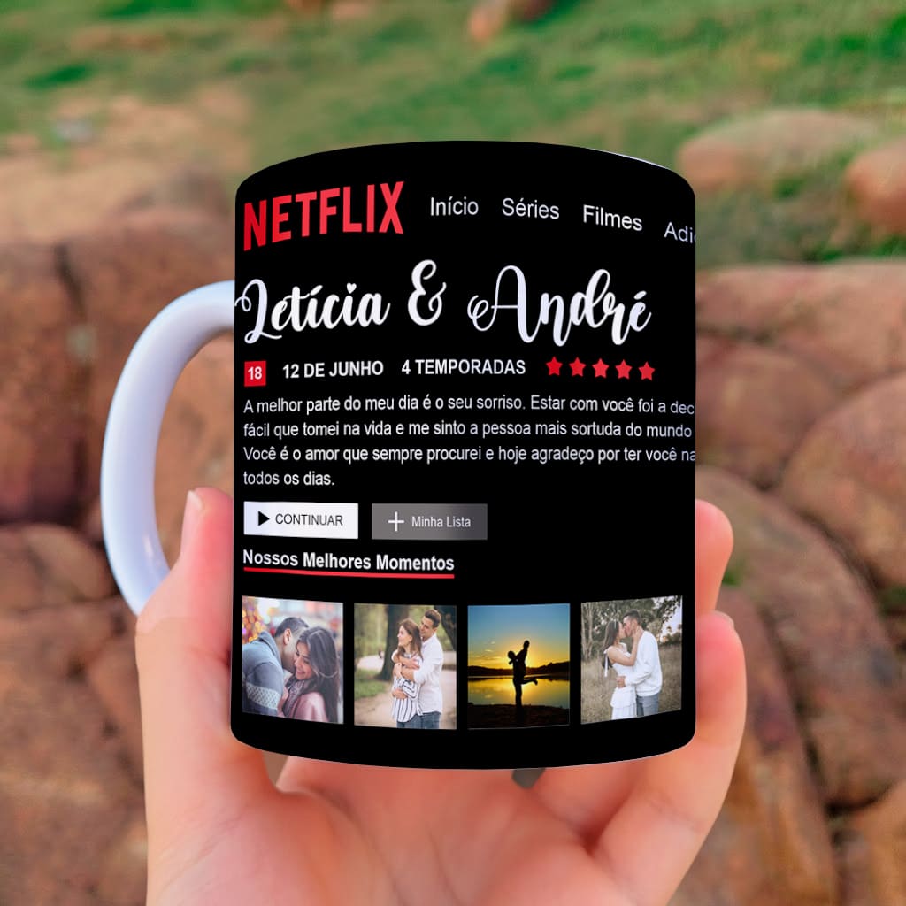 Arte para caneca netflix dia dos namorados com layout da plataforma de séries e filmes, espaços para fotos, nomes do casal e mensagem