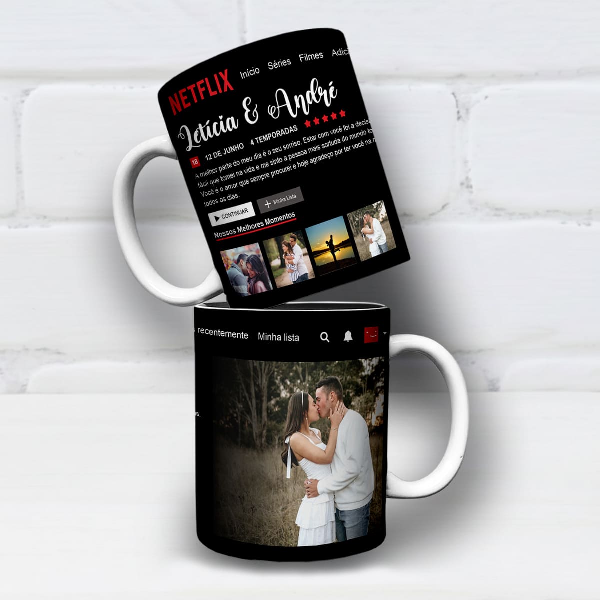 Arte para caneca netflix dia dos namorados com layout da plataforma de séries e filmes, espaços para fotos, nomes do casal e mensagem