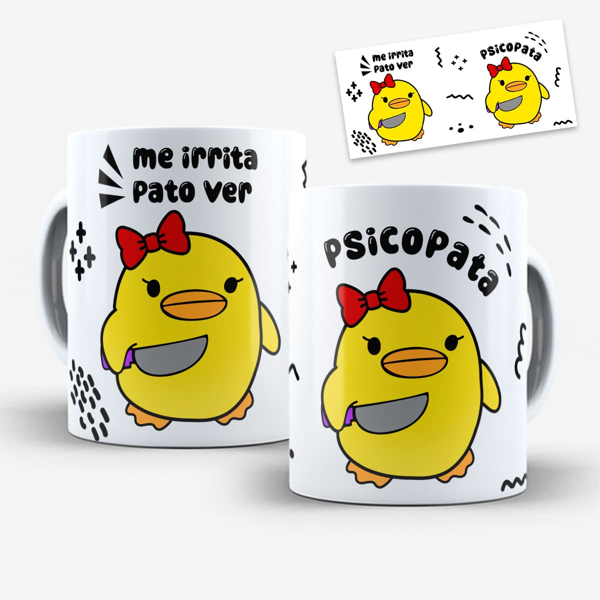Arte para caneca psicopata com patinho amarelo segurando faca, frase "me irrita pato ver"