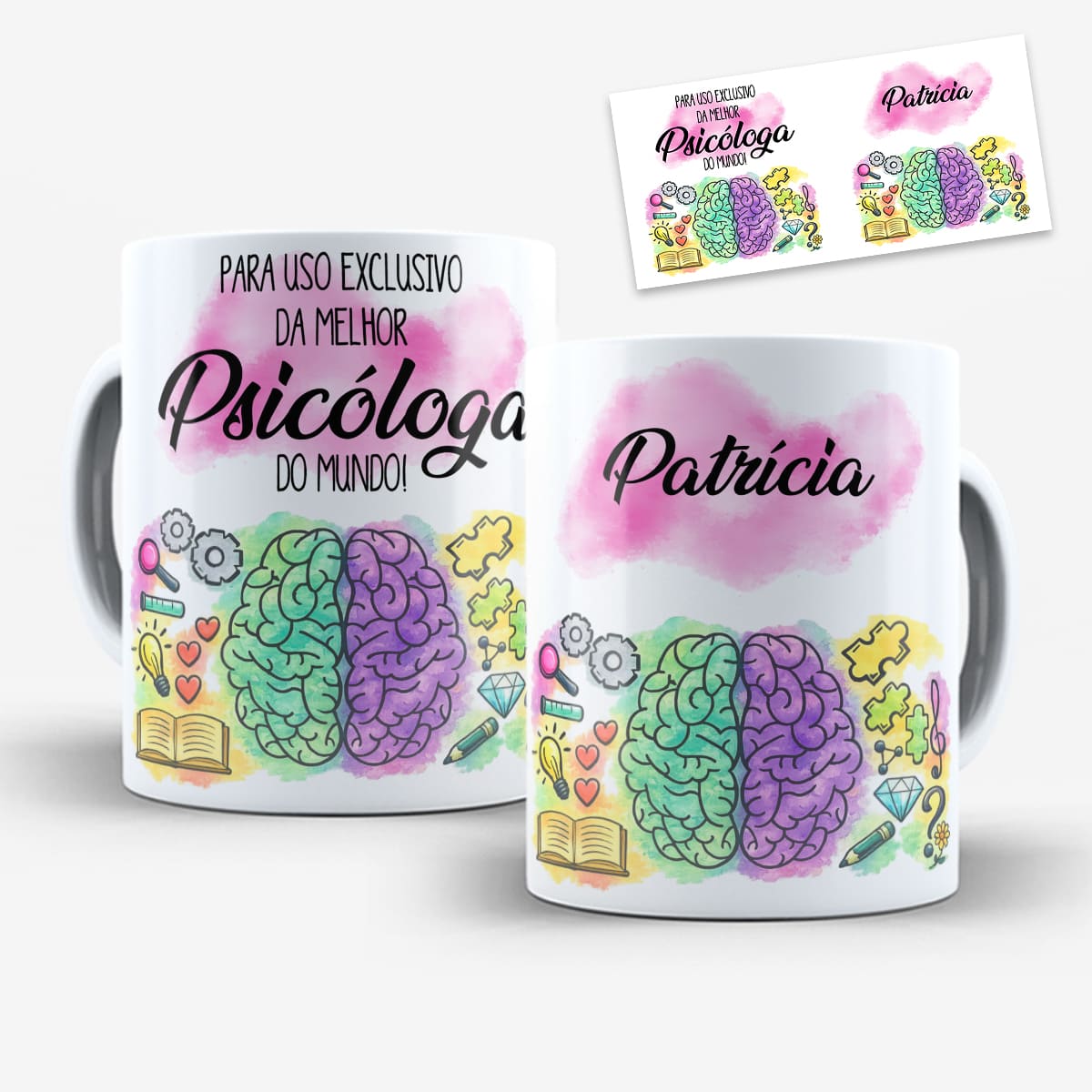 arte digital para caneca psicóloga com cérebro colorido e possibilidade de personalização de nome