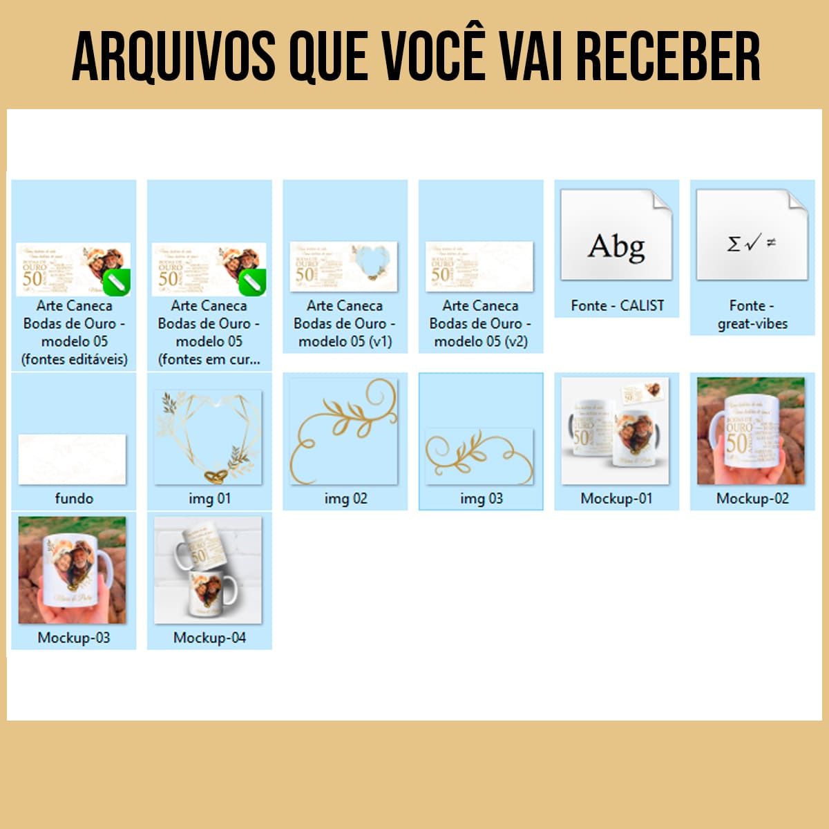 Arquivos da arte digital para caneca Bodas de Ouro com selo dourado 50 anos, frase Uma história de vida e espaço para foto e nomes.