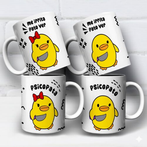 Arte para caneca psicopato e psicopata com patinho amarelo segurando faca, frase "me irrita pato ver", duas versões da estampa