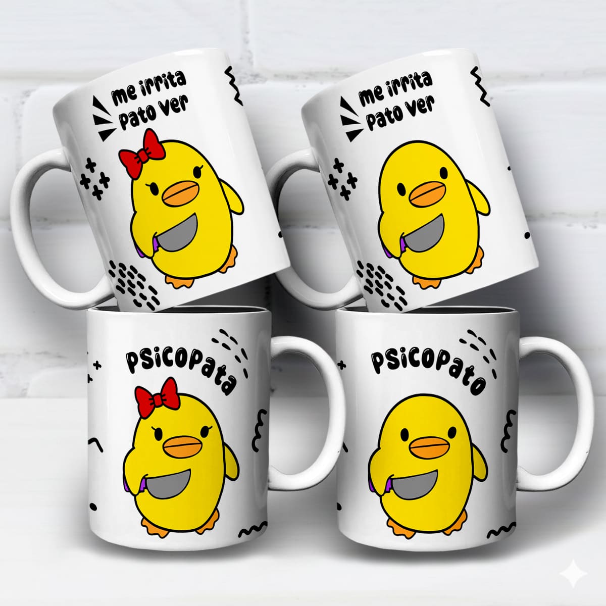 Arte para caneca psicopato e psicopata com patinho amarelo segurando faca, frase "me irrita pato ver", duas versões da estampa