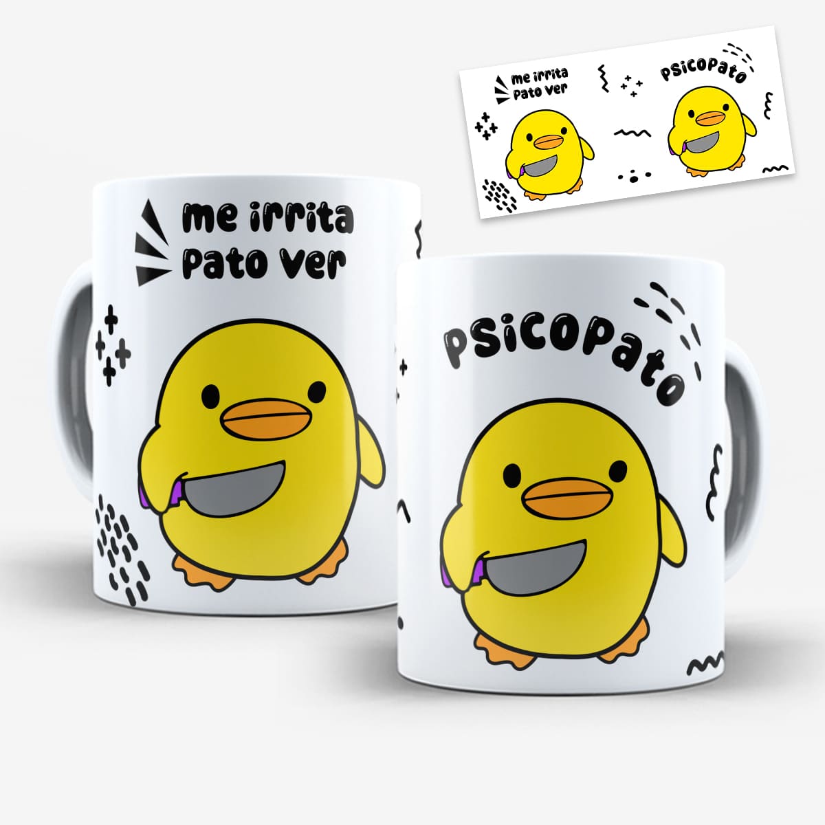 Arte para caneca psicopato com patinho amarelo segurando faca, frase "me irrita pato ver"