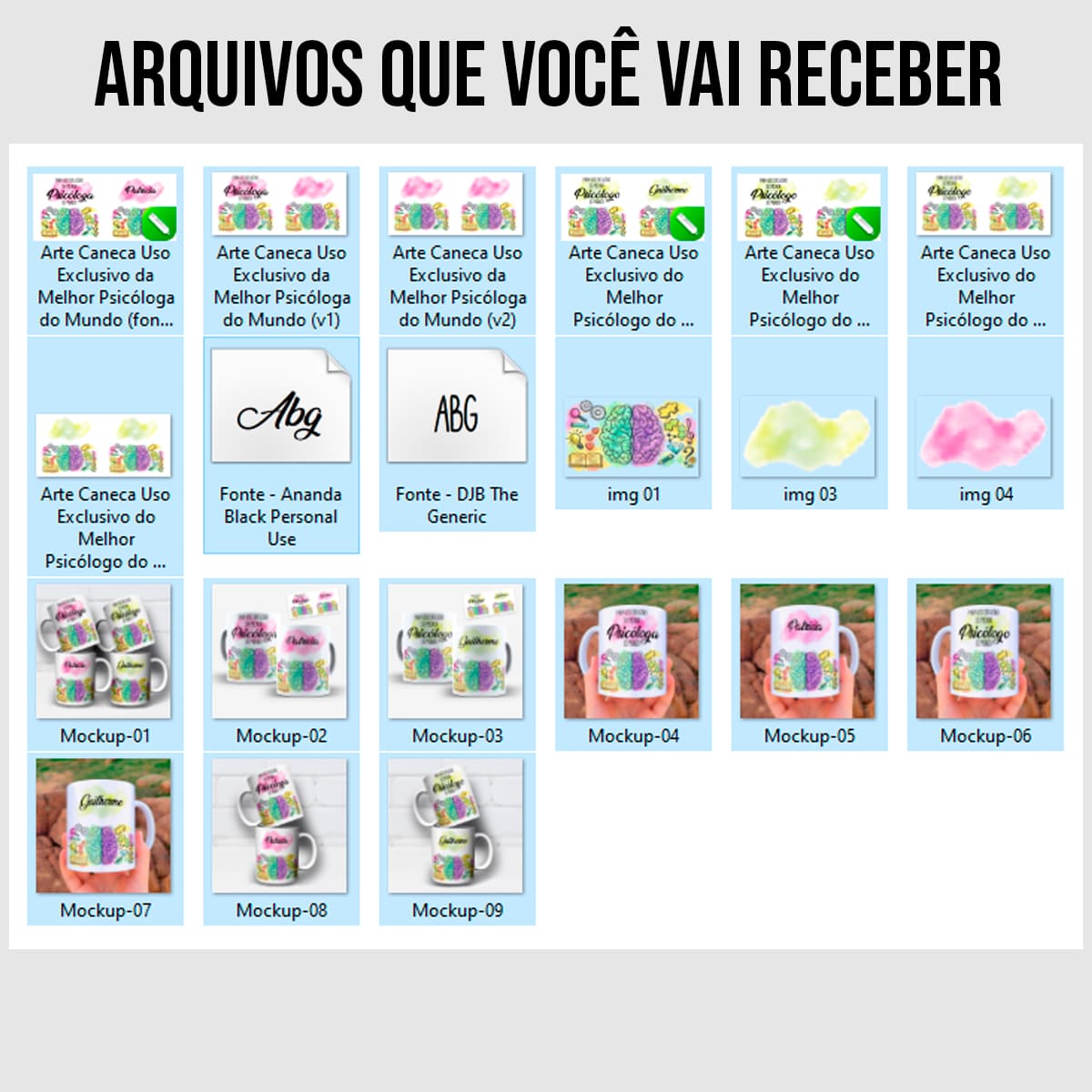 arquivos da arte digital para caneca psicóloga e psicólogo com cérebro colorido e possibilidade de personalização de nome nas duas versões
