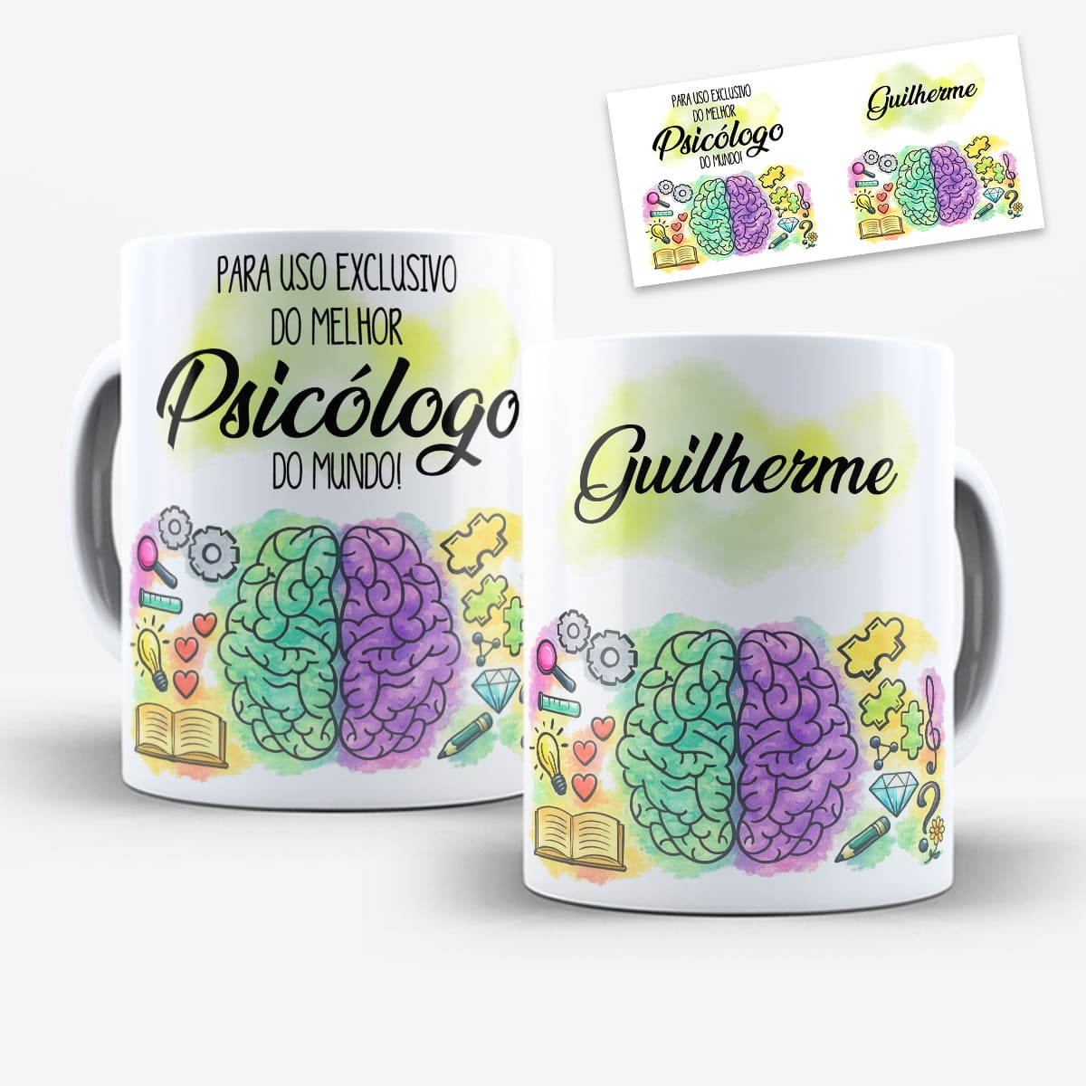 arte digital para caneca psicólogo com cérebro colorido e possibilidade de personalização de nome