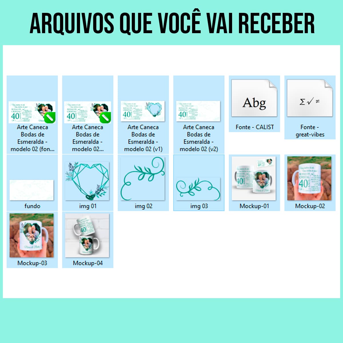 Arquivos da arte digital para caneca Bodas de Esmeralda 40 anos, com a frase Uma história de vida Uma história de amor e espaço para foto e nomes do casal