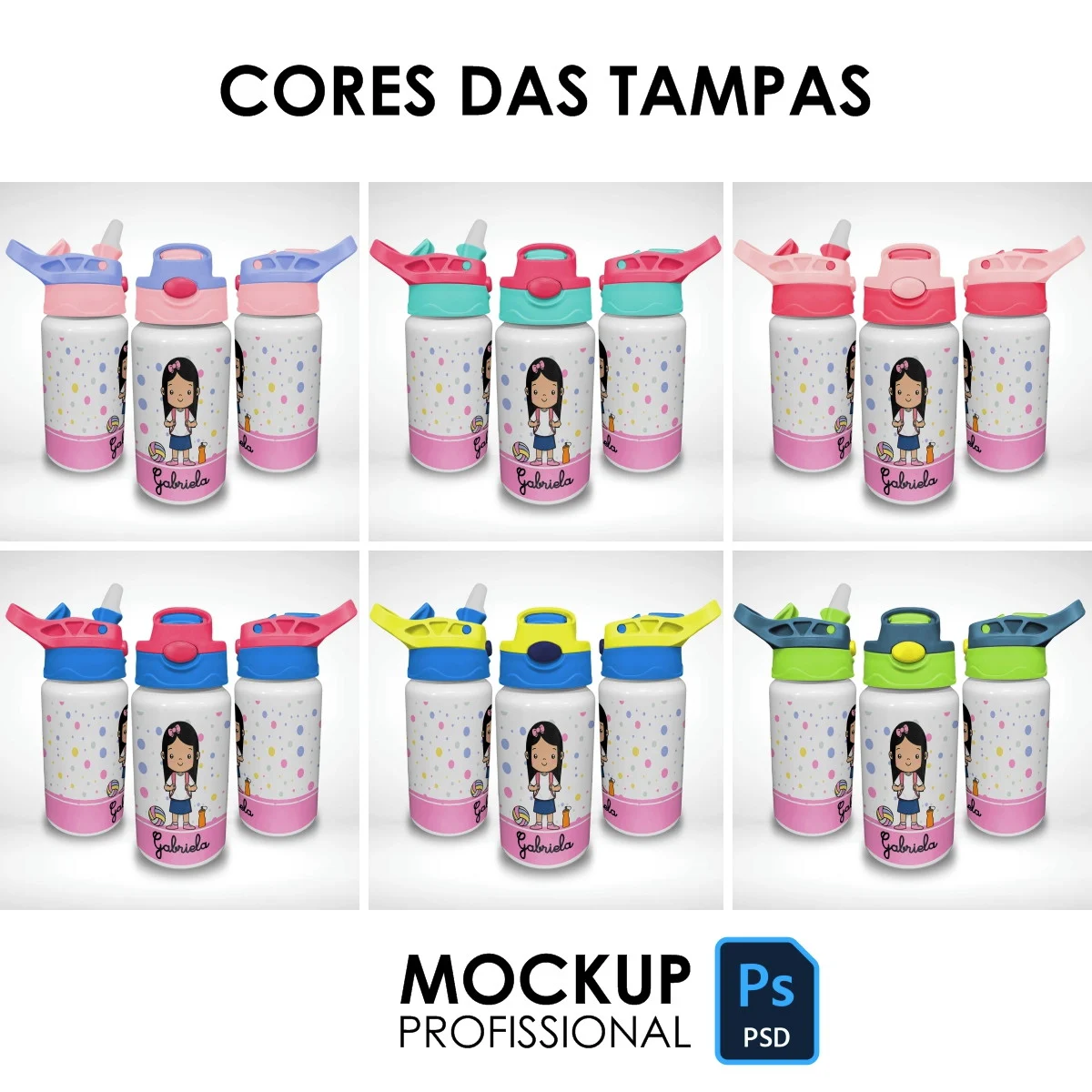 Mockup squeeze alumínio infantil com 6 modelos de tampa colorida arquivo PSD editável