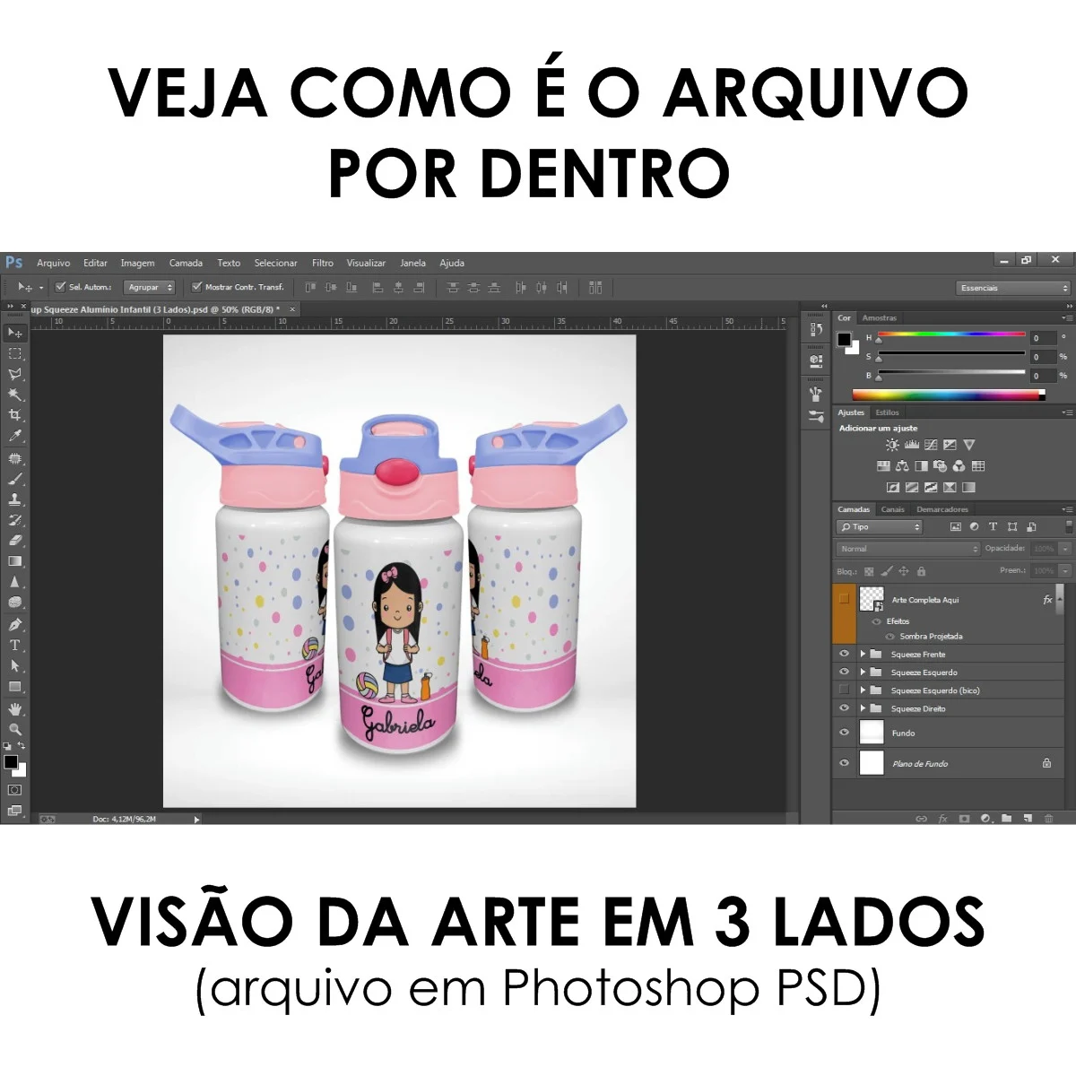 Visão por dentro do Mockup squeeze alumínio infantil com tampa colorida em três ângulos diferentes arquivo PSD editável