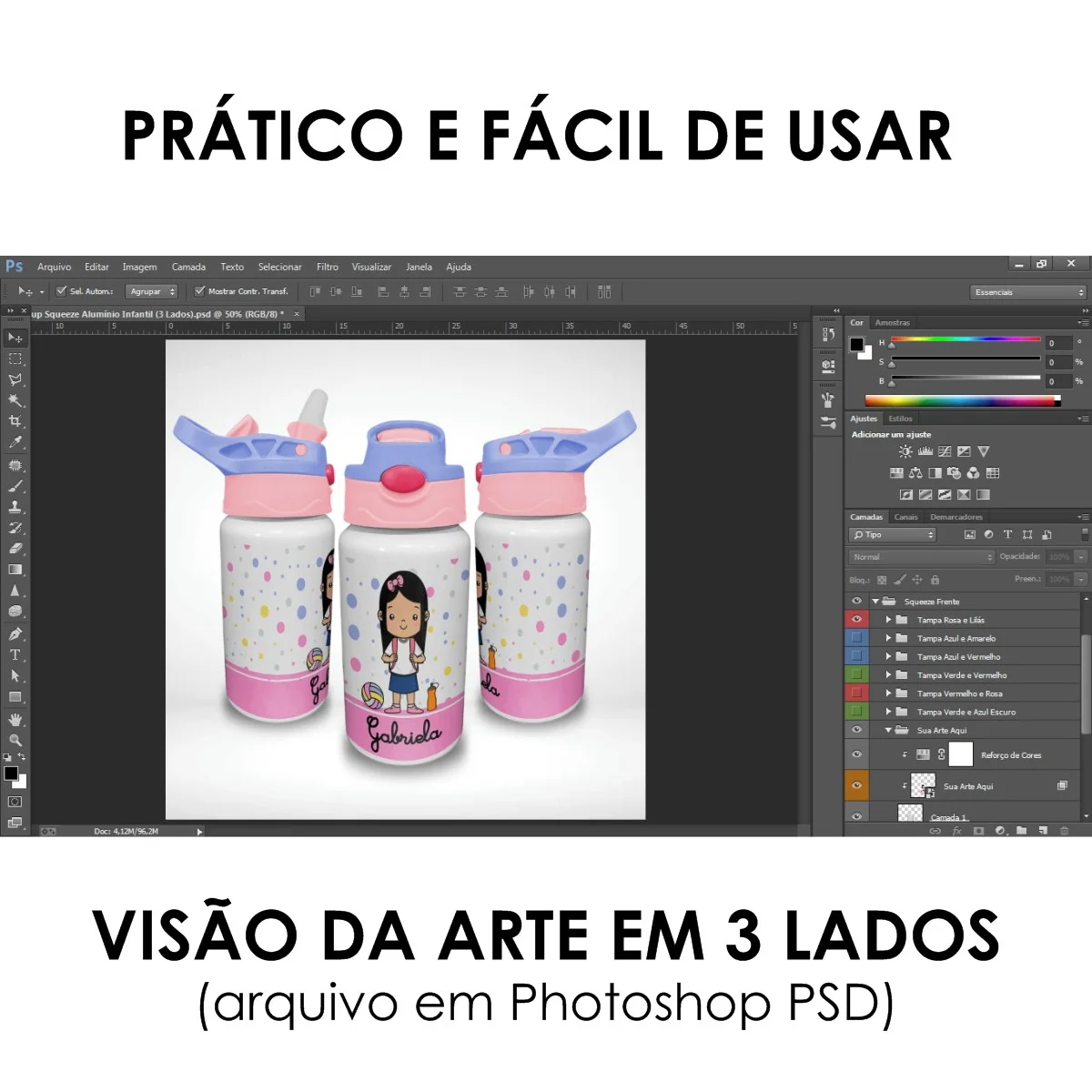 Visão por dentro do Mockup squeeze alumínio infantil com tampa colorida em três ângulos diferentes arquivo PSD editável