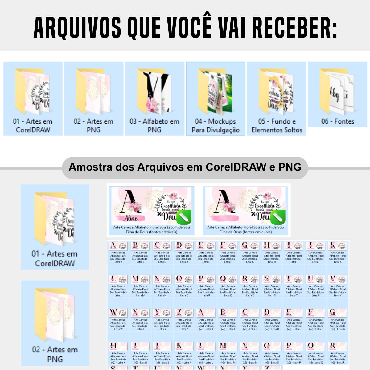 Arquivos do Pack de Artes digitais para caneca alfabeto floral cristão, tons rosa, corações dourados e frase Eu sou Escolhida Sou Filha de Deus