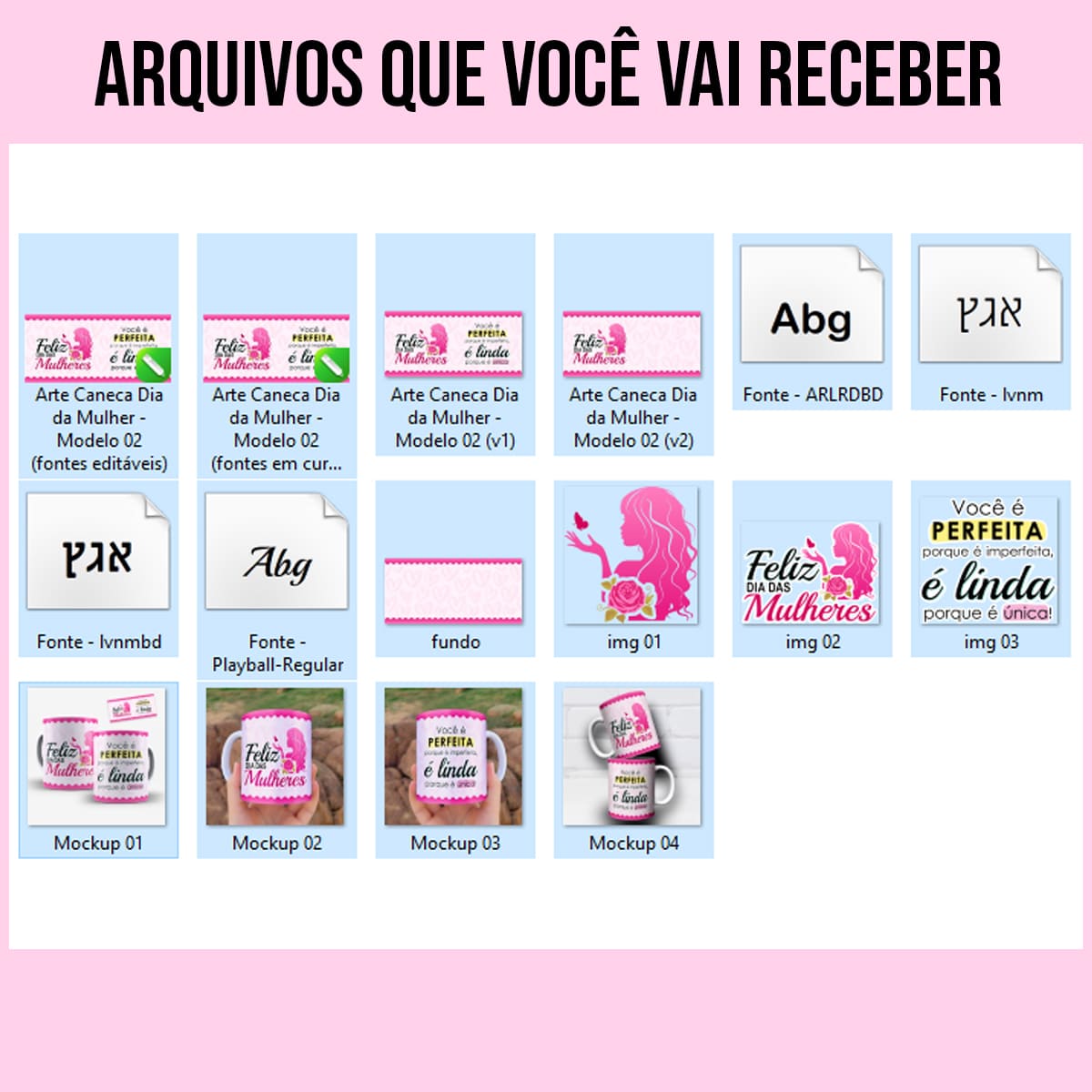 Arquivos da arte digital para caneca Dia das Mulheres com detalhes de renda, tons de rosa e a frase Você é perfeita porque é imperfeita
