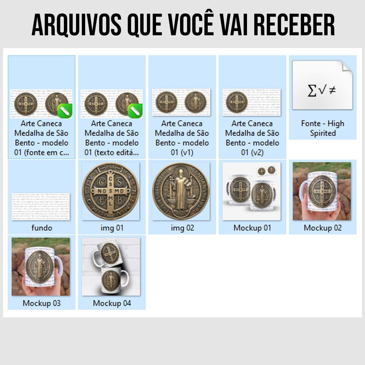 Arquivos da arte para caneca medalha de são bento oração em dourado, com cruz, santo em pé e oração em escrita contínua ao fundo