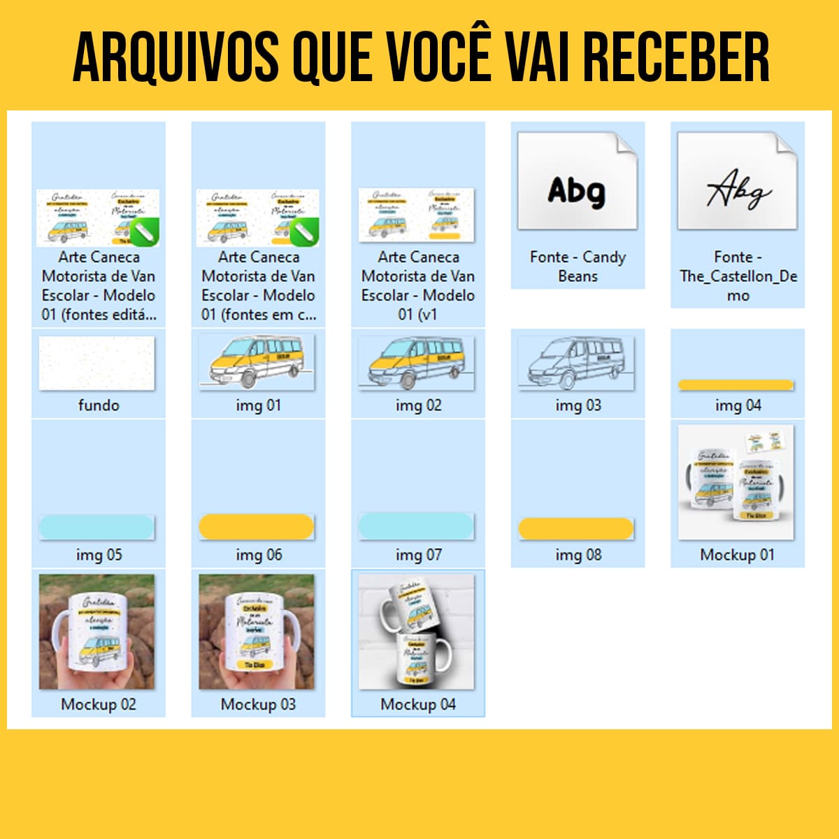 Arquivos da arte digital para caneca motorista de van escolar amarela e azul com espaço para personalização com nome do motorista