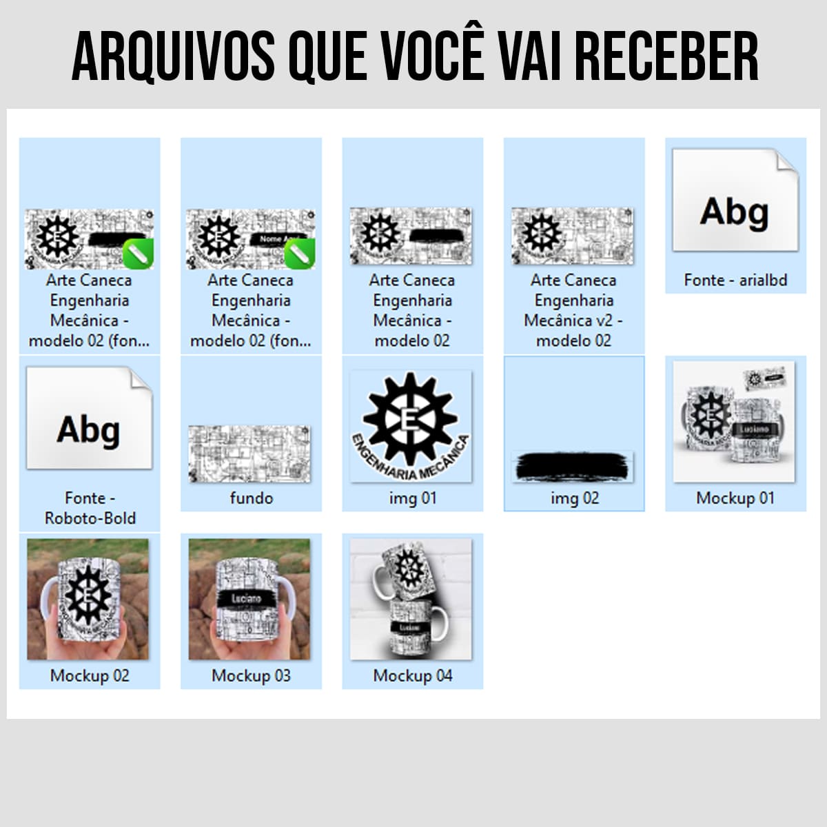 Arquivos arte digital para caneca engenharia mecânica: estilo industrial preto e branco com engrenagens, símbolo e faixa para personalização de nome