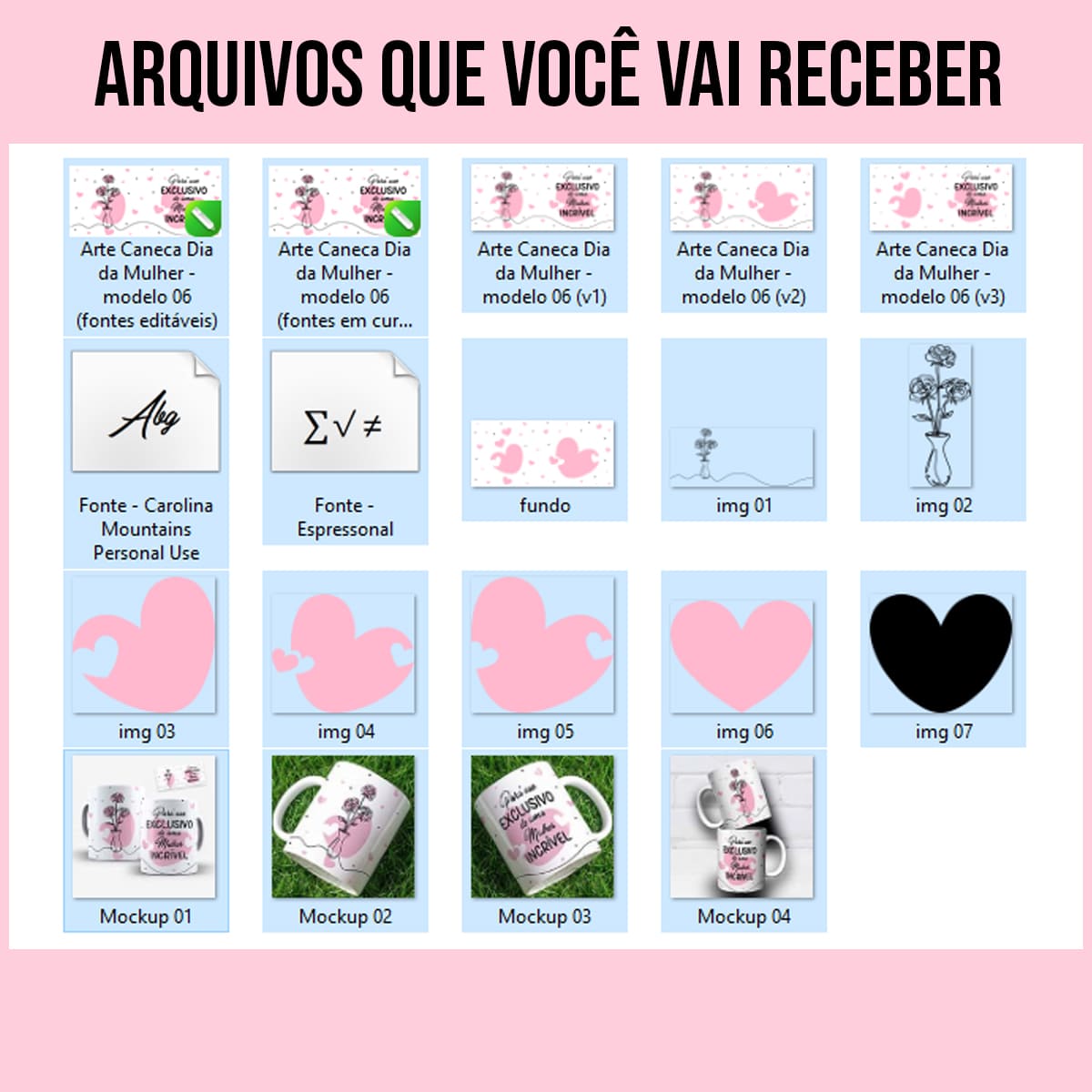 Arquivos da arte para caneca uso exclusivo de uma mulher incrível com coraçõezinhos rosa e pretos e desenho de flores de traços finos minimalista