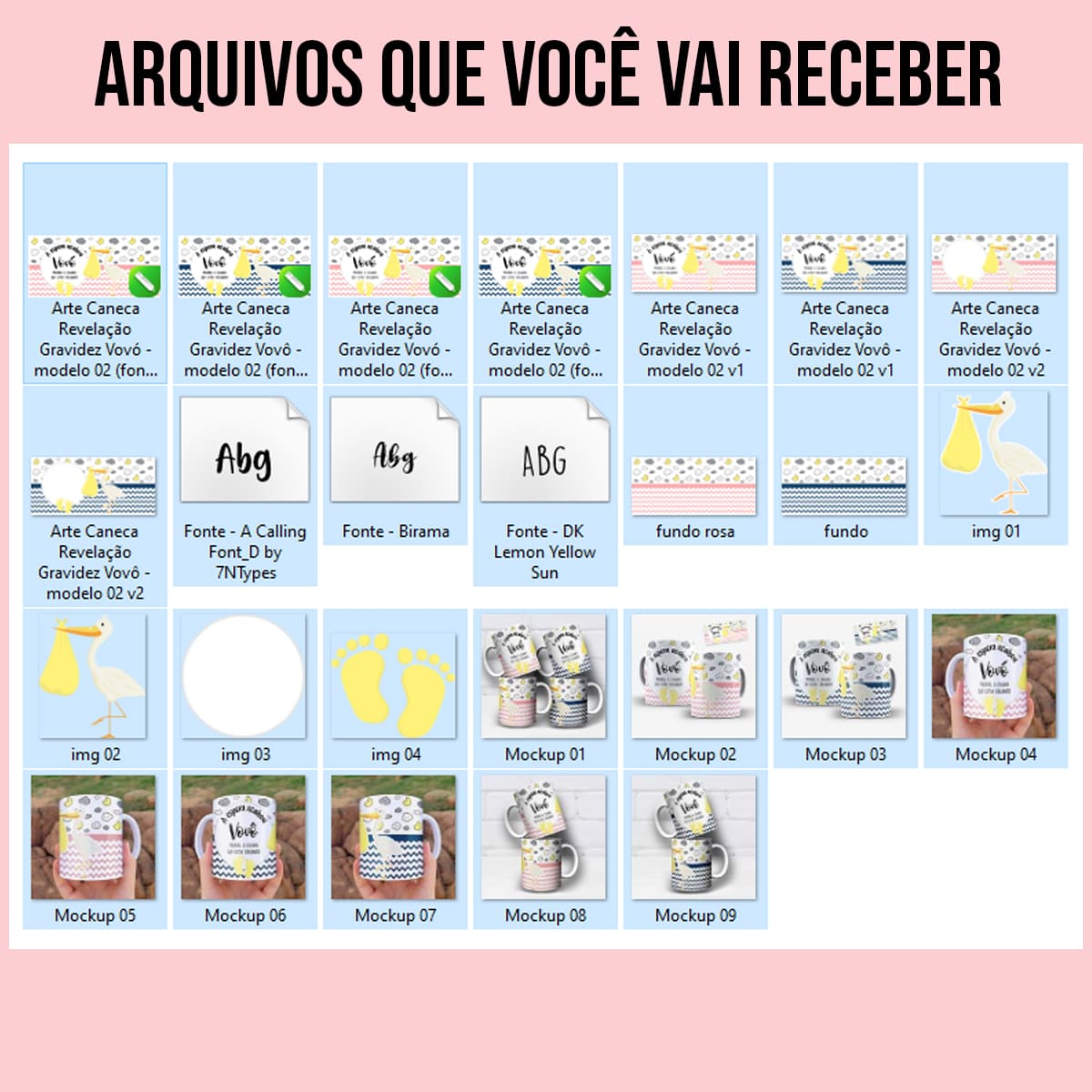 Arquivos da arte digital para caneca revelação de gravidez prepara o colinho com cegonha e pezinhos, em rosa para vovó e azul para vovô