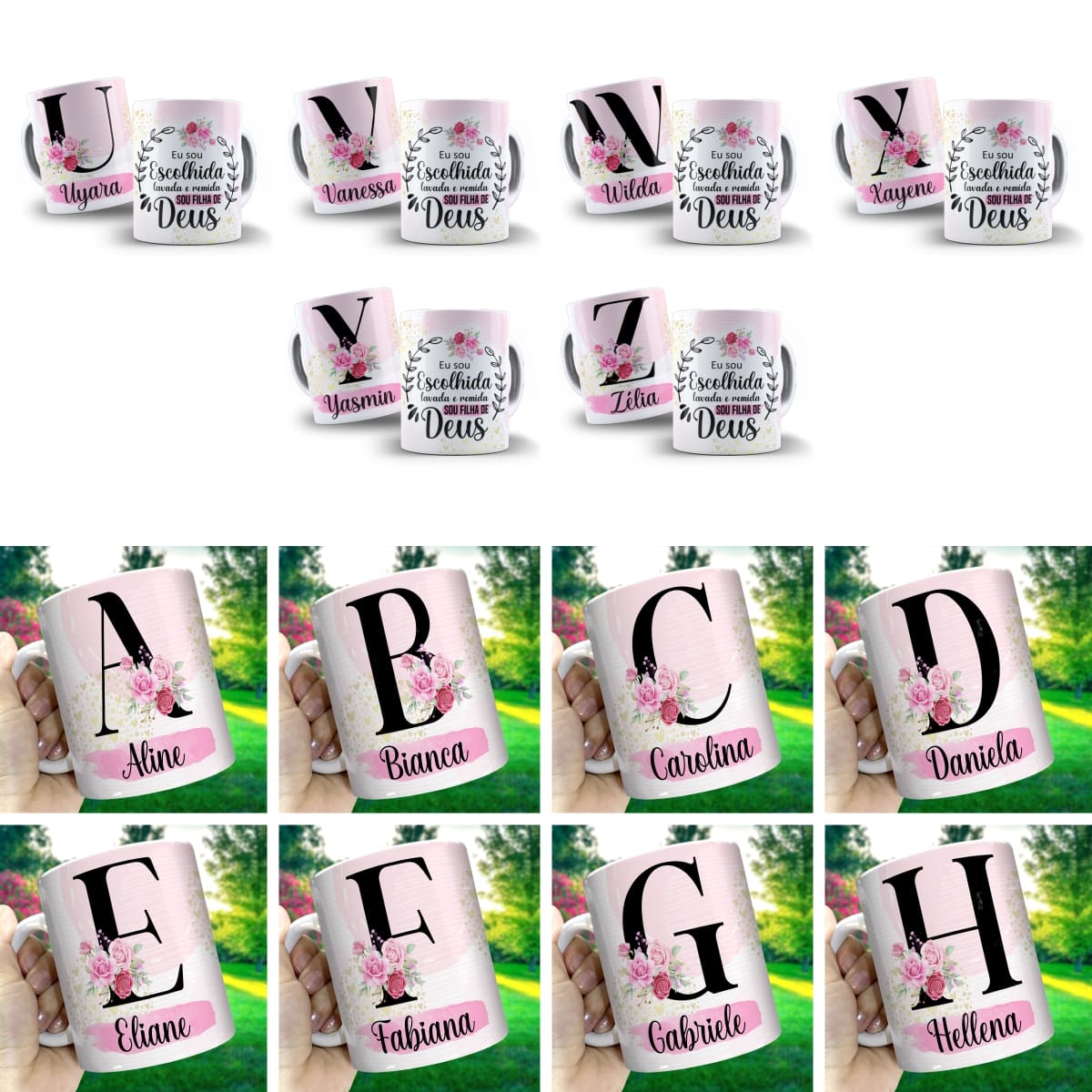 Pack de artes digitais para caneca alfabeto floral cristão, tons rosa, corações dourados e frase Eu sou Escolhida Sou Filha de Deus