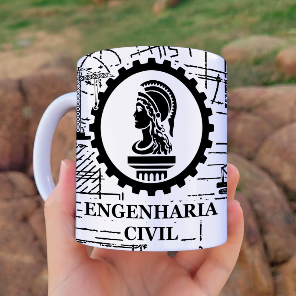 Arte Para Caneca Profissão Engenharia Civil em preto e branco com desenhos de guindastes, projetos e engrenagens