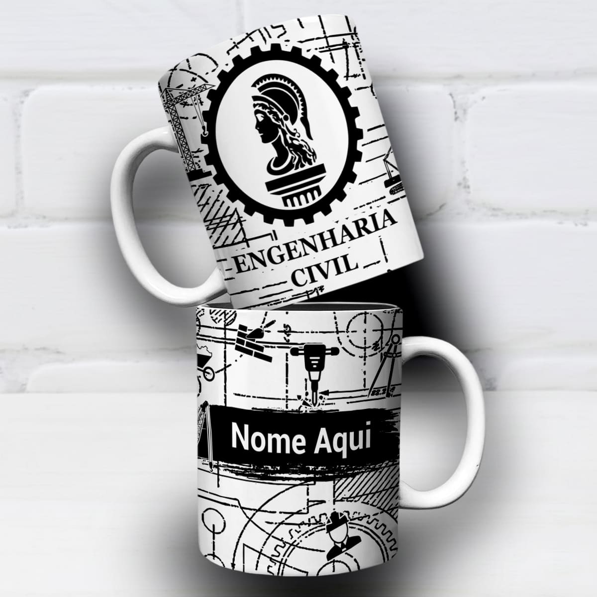 Arte Para Caneca Profissão Engenharia Civil em preto e branco com desenhos de guindastes, projetos, engrenagens e espaço para nome