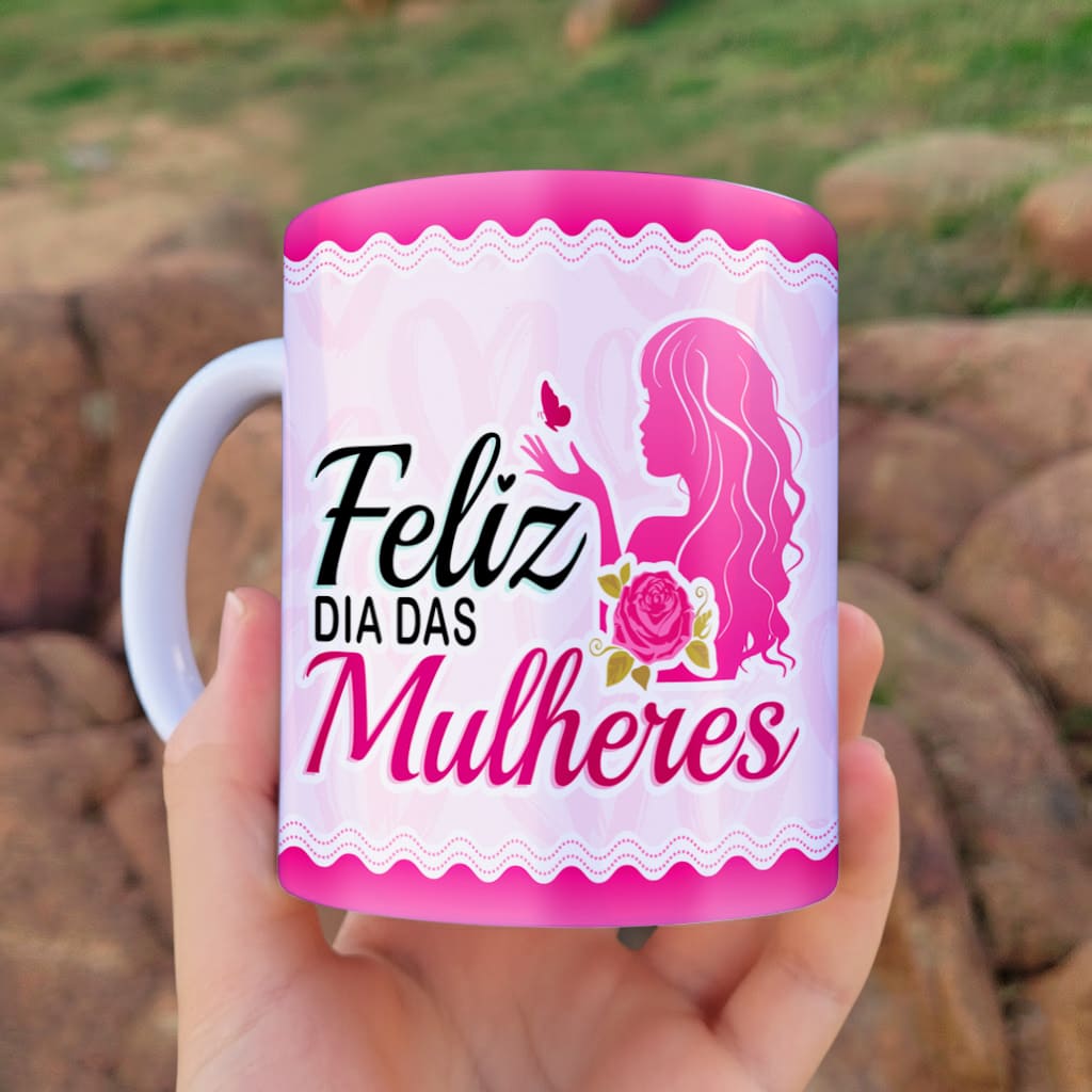 Arte digital para caneca feliz dia das mulheres em tons de rosa