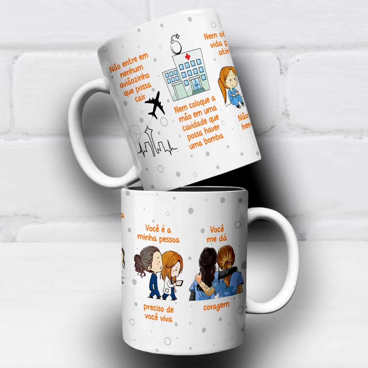 Arte digital para caneca Grey's Anatomy com aviãozinho e tema de amizade entre amigas