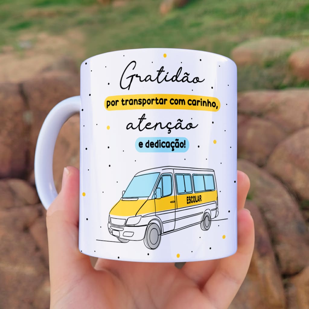 Arte digital para caneca motorista de van escolar amarela e azul com frase de gratidão
