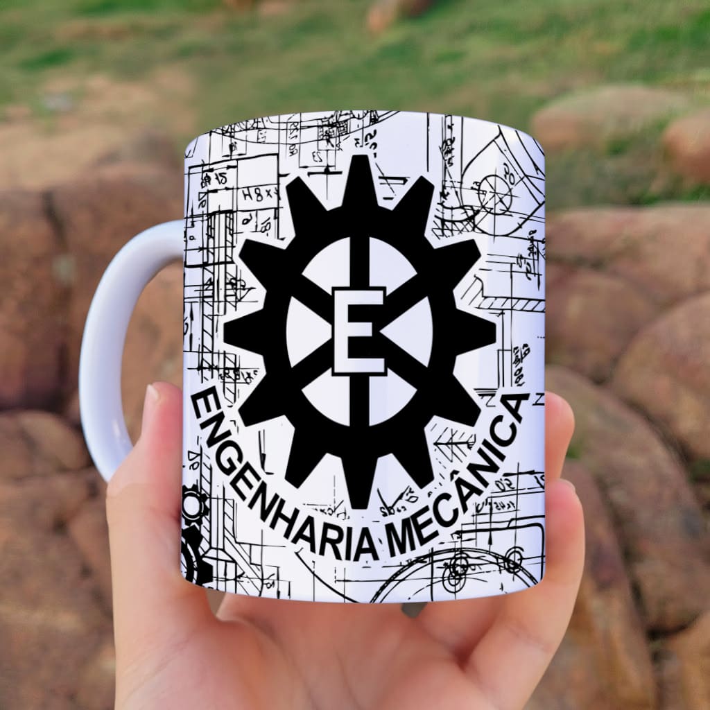Arte digital para caneca engenharia mecânica: estilo industrial preto e branco com engrenagens e símbolo da engenharia mecânica