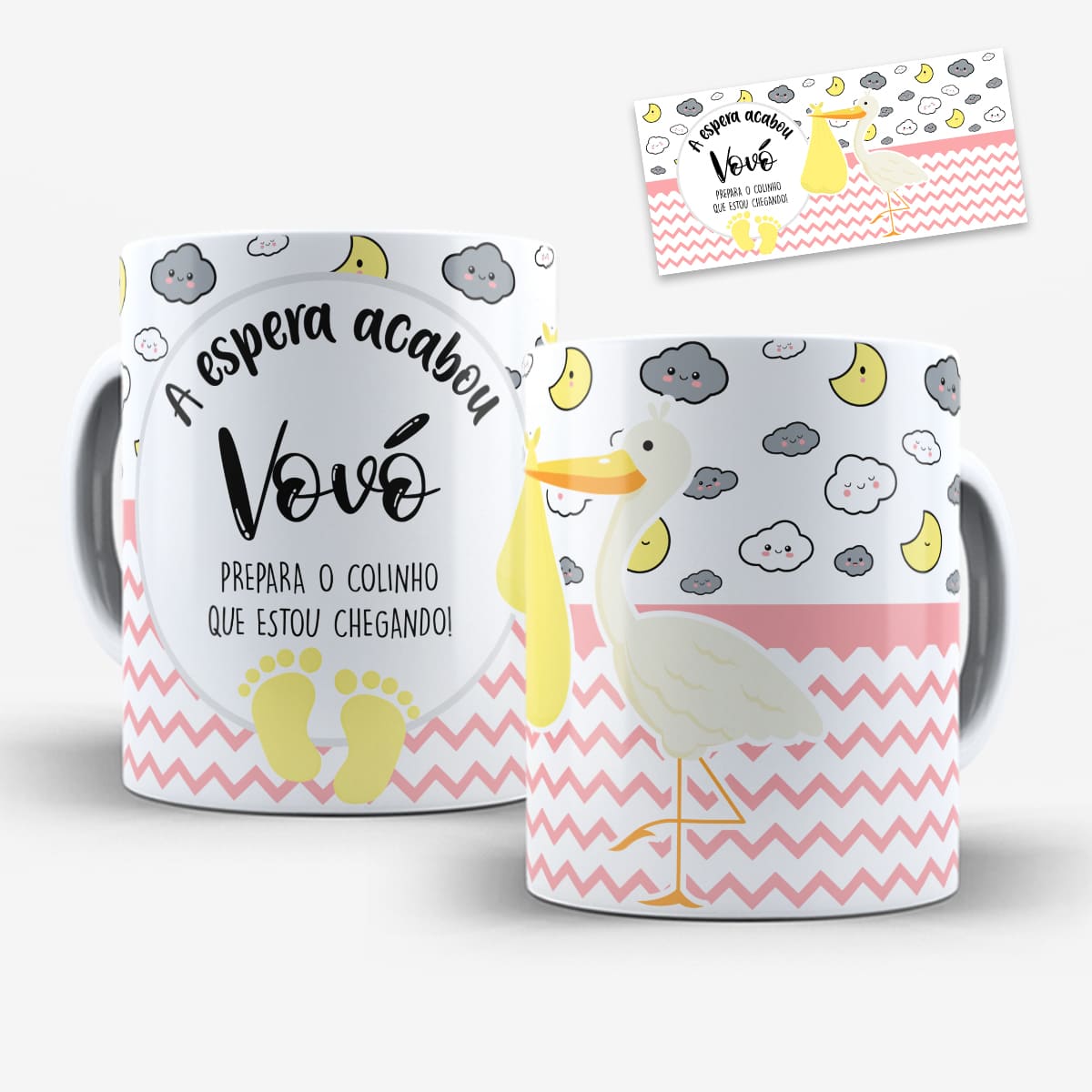 Arte digital para caneca revelação de gravidez para a vovó em tons de rosa com a frase prepara o colinho que estou chegando!