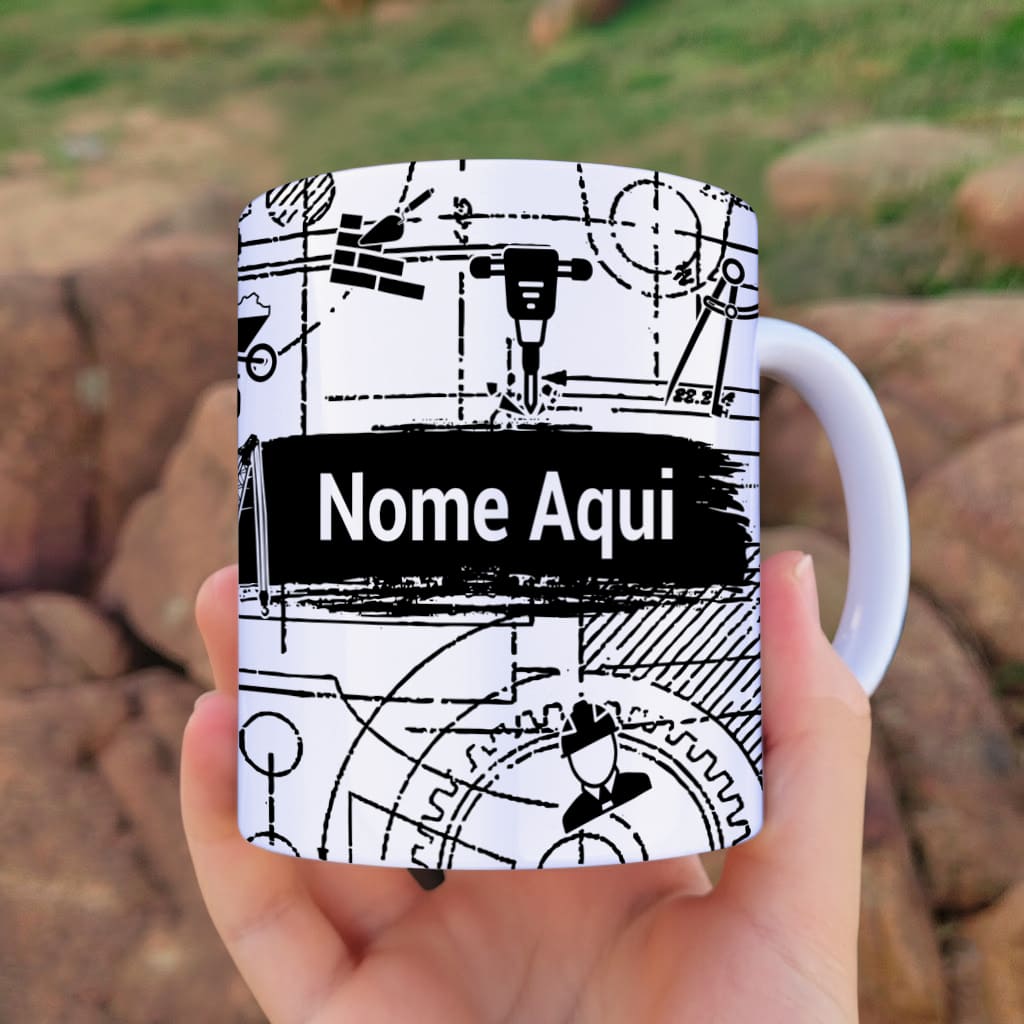 Arte Para Caneca Profissão Engenharia Civil em preto e branco com espaço para personalização de nome