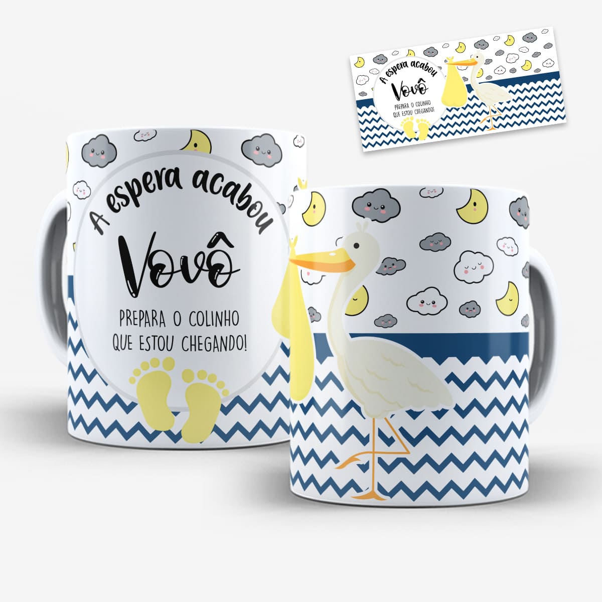 Arte digital para caneca revelação de gravidez para o vovô em tons de azul com a frase prepara o colinho que estou chegando!