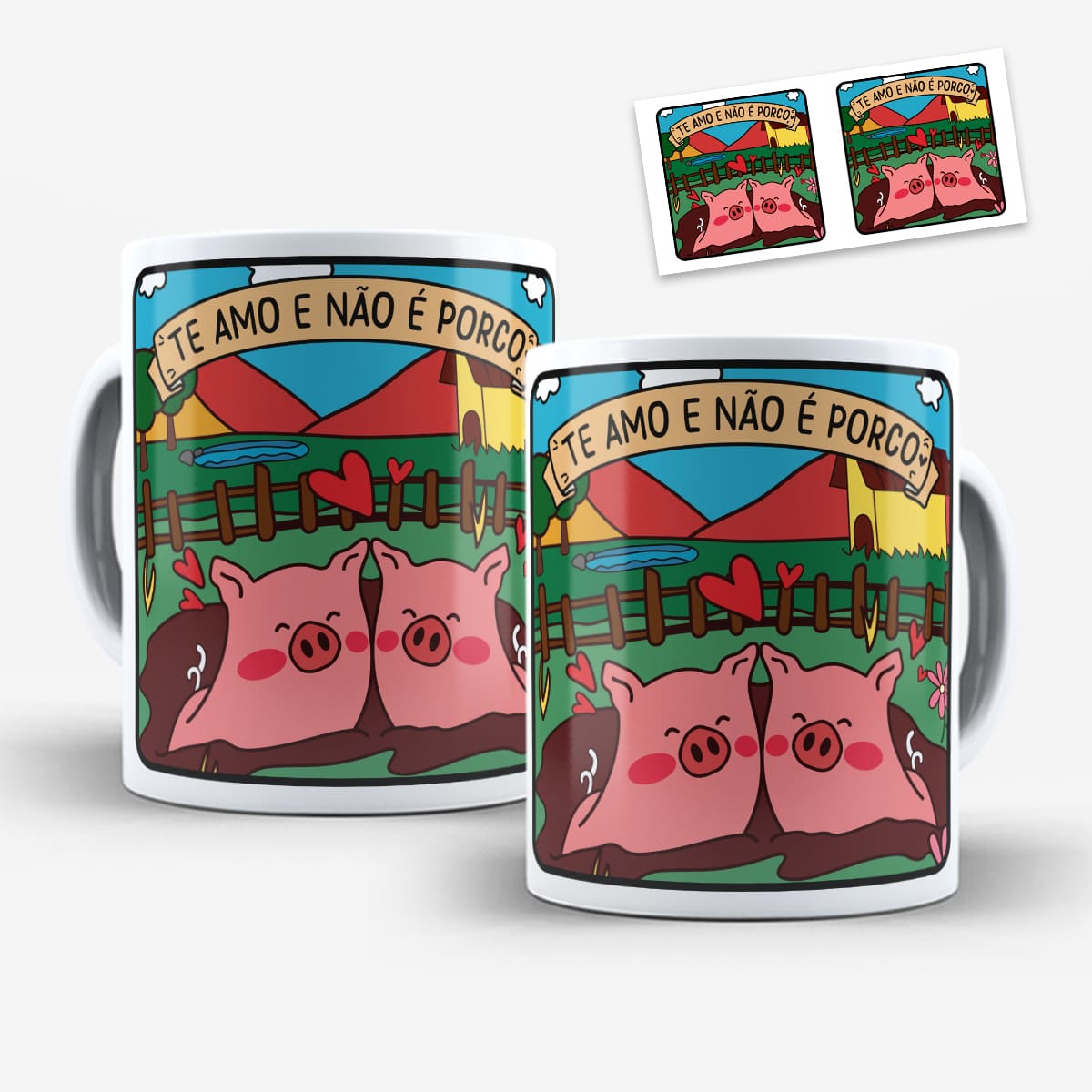 Arte digital para caneca de namorados com cenário de fazenda, porquinhos e a frase Te Amo e Não é Porco